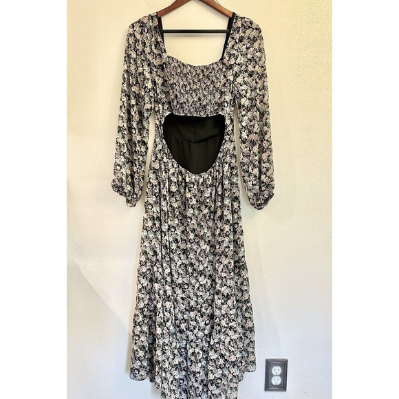 Lush Womens MIDI Dress W/ Puff Sleeve In Black Multi Floral- Size Large - Picture 7 of 14